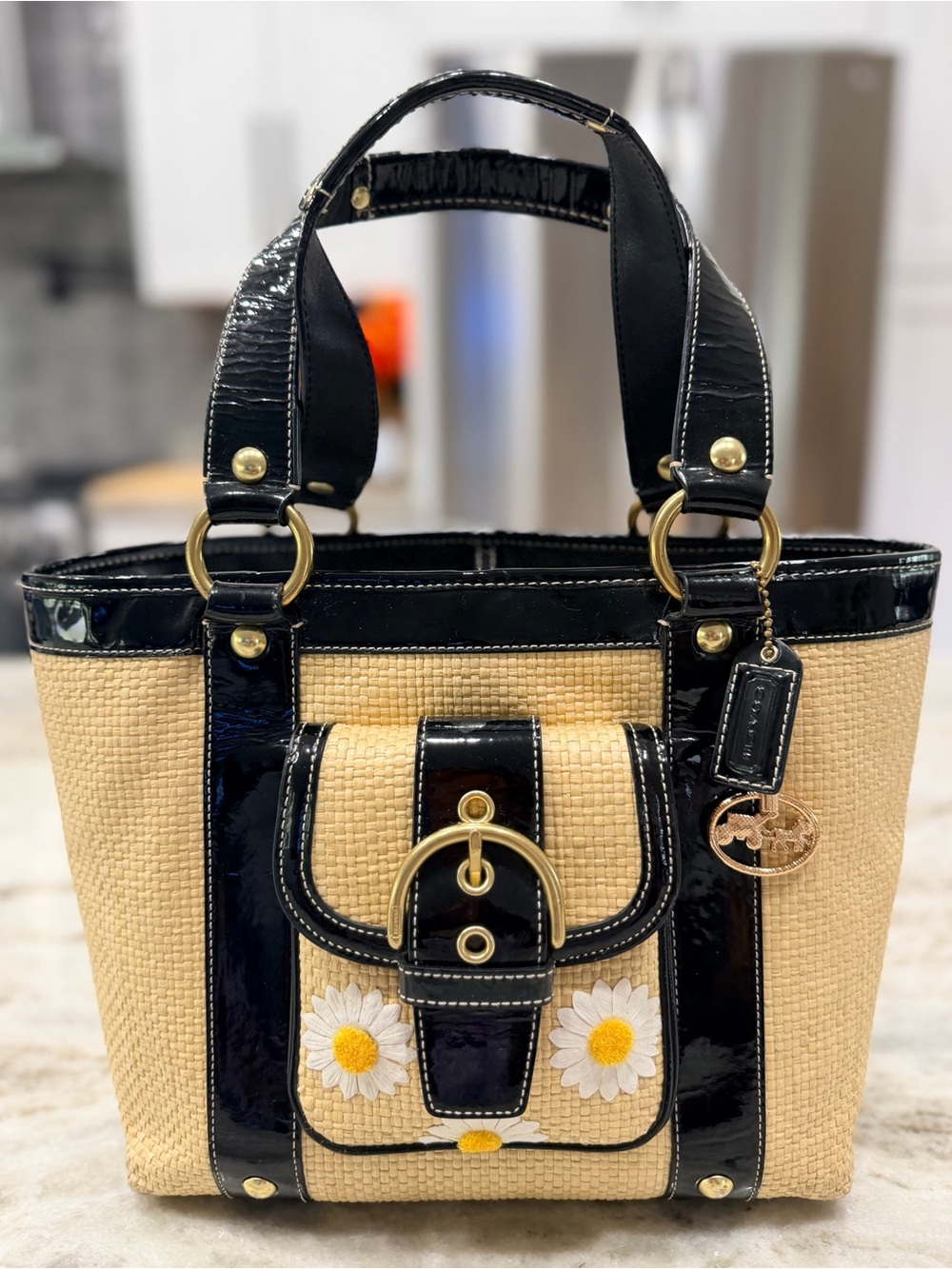 Coach Authentic Woven Bag With Black Patent Leather Trim